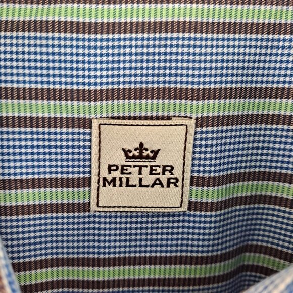 Peter Millar Blue Green Striped Button Down 100% Cotton Medium Long Sleeve Shirt - Picture 5 of 7